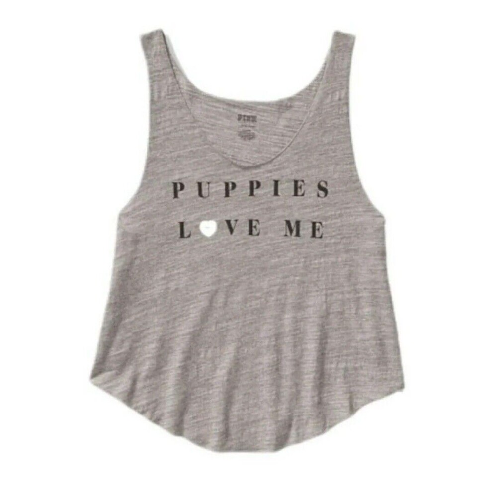 BRAND NEW Victorias Secret PINK Puppies Love Me Print Crop Tank Top Large Gray
